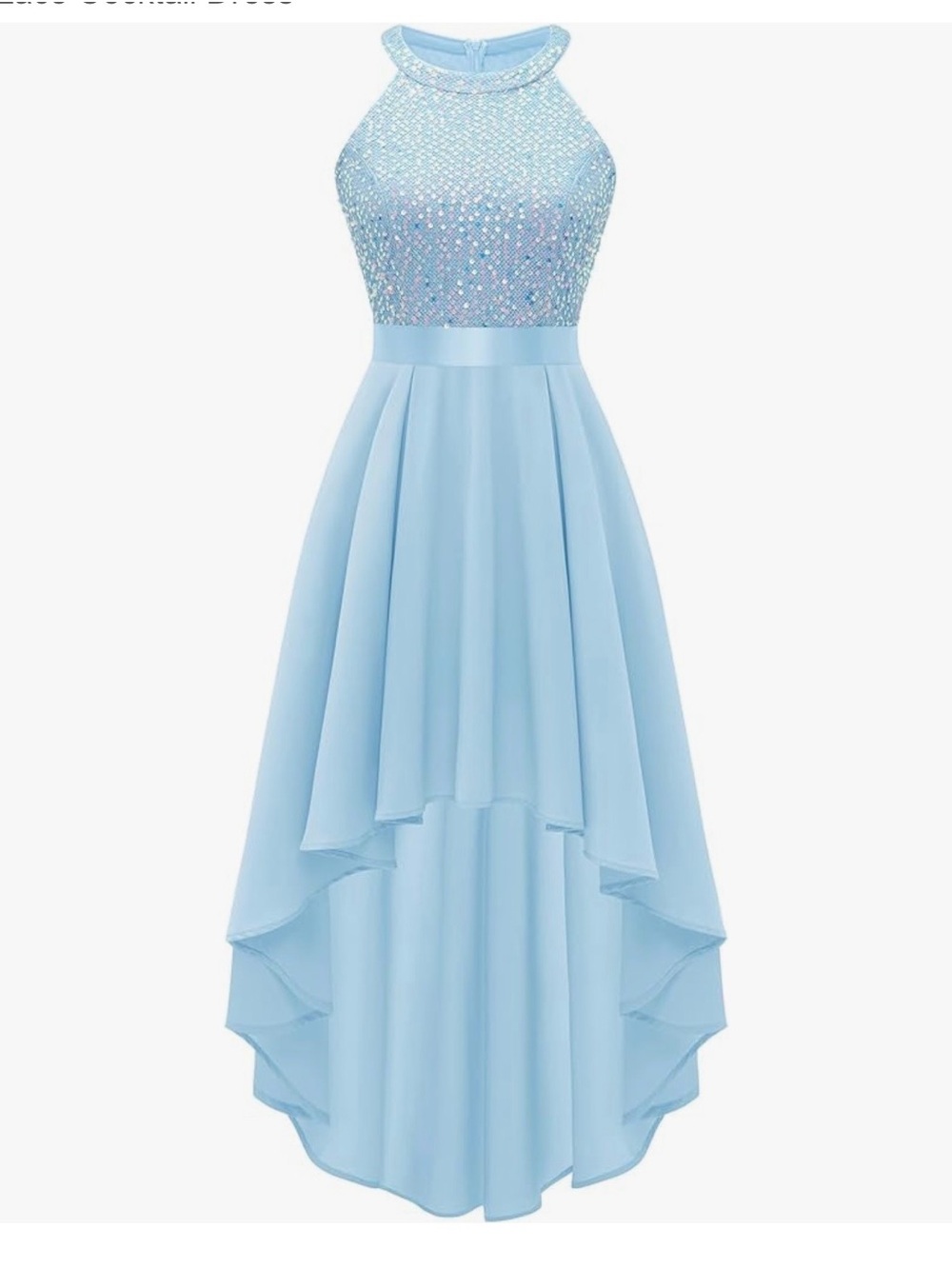 Light Blue Aurora Sequin High Low Halter Prom Dress with Satin Waist Band